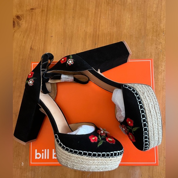 Bill Blass Anthropologie Emma Embellished Sz10 Black Platform Heels Ankle Strap - Picture 5 of 7